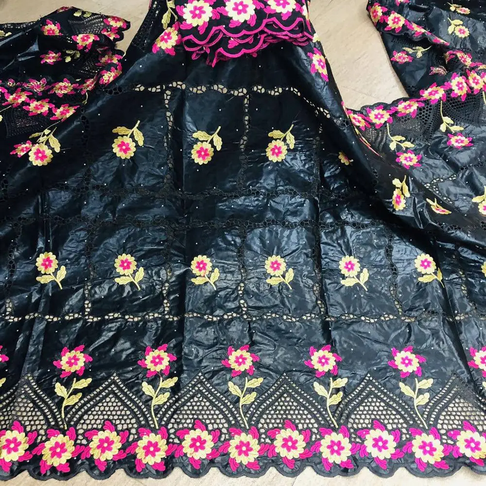 

African Orange fabric Bazin riche fabric tissu africain cotton embroidered Bazin riche with Tulle lace fabric 4+2yds/pcs G28-28