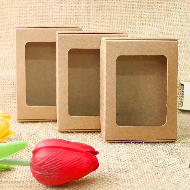 

50Pcs Kraft Candy Box with Window Handmade Soap Box Jewelry Cookies Gift Paper Party Favor Box Free shipping 85x60x22mm