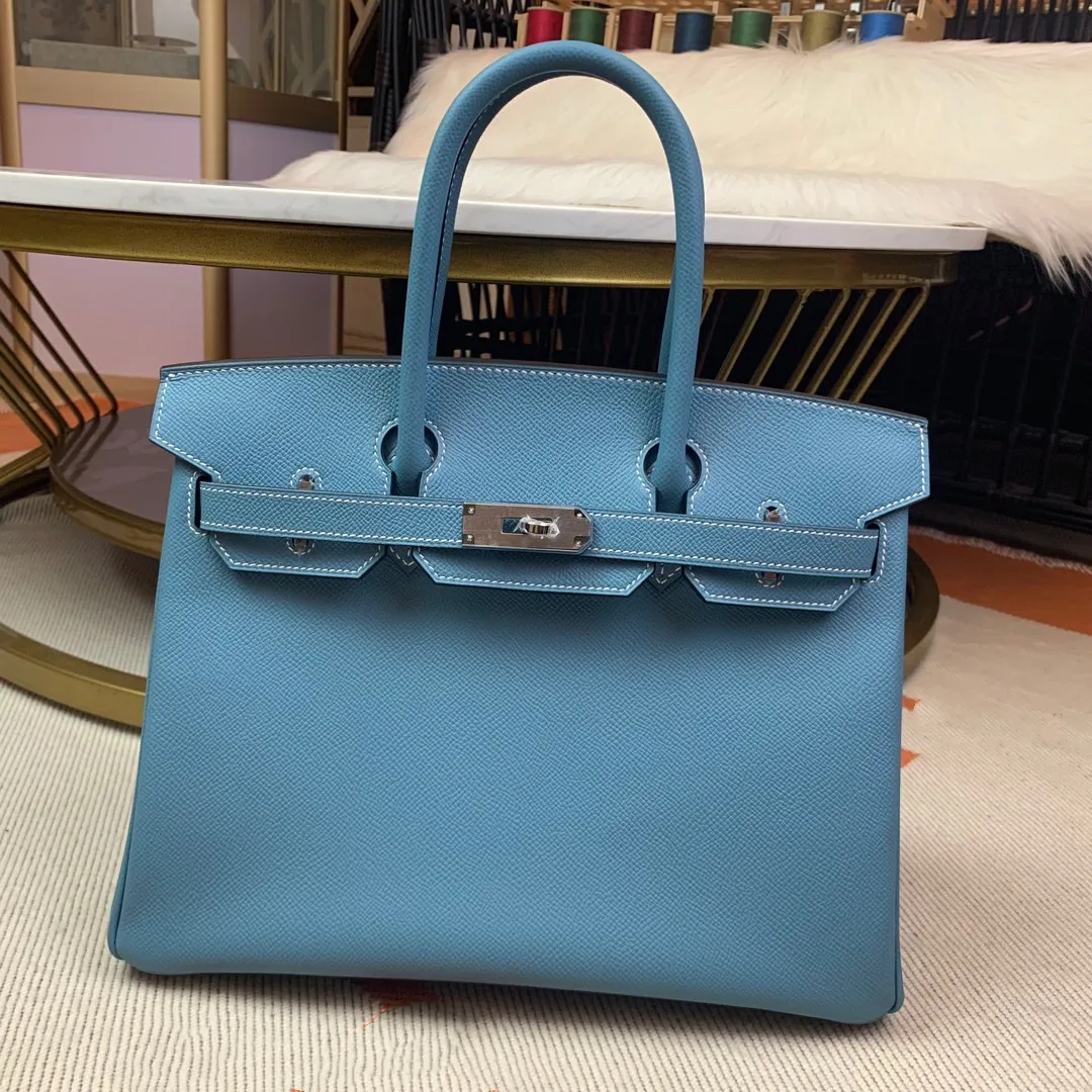 

HANDMADE BRAND Handbag,25CM,Jean Blue Color,LUXURY PURSE,DESIGNERS BAG,EPSOM Leather, Wax line stitiching,Fast delivery