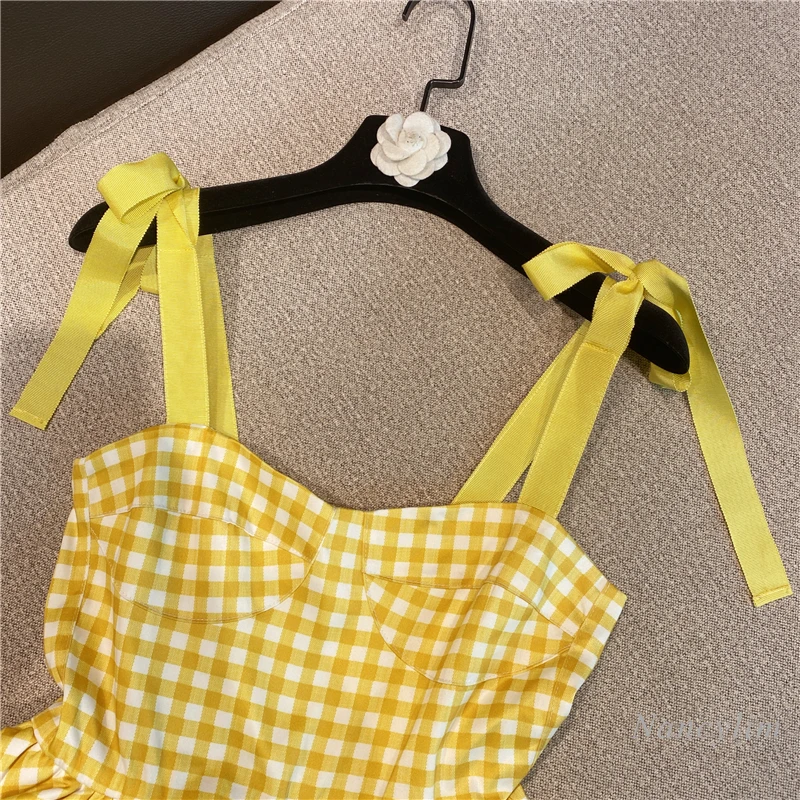 Plaid Printed Ruffled Spaghetti-Strap Camisole Top Women 2021 Summer New Korean Style Sweet Bow Shoulder Shirt Girls Ladies
