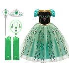 Платье принцессы для девочек, Детский карнавальный костюм Анны, Снежная королева, зеленое празднивечерние платье для дня рождения, одежда для девочек