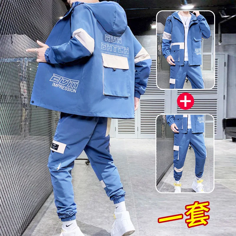 

Men's Clothes Casual Sports Suit Men's Cargo Suit Jacket 2PCS New Men's Wear Patchwork Color Young Multi Bag Set Male Sweatshirt