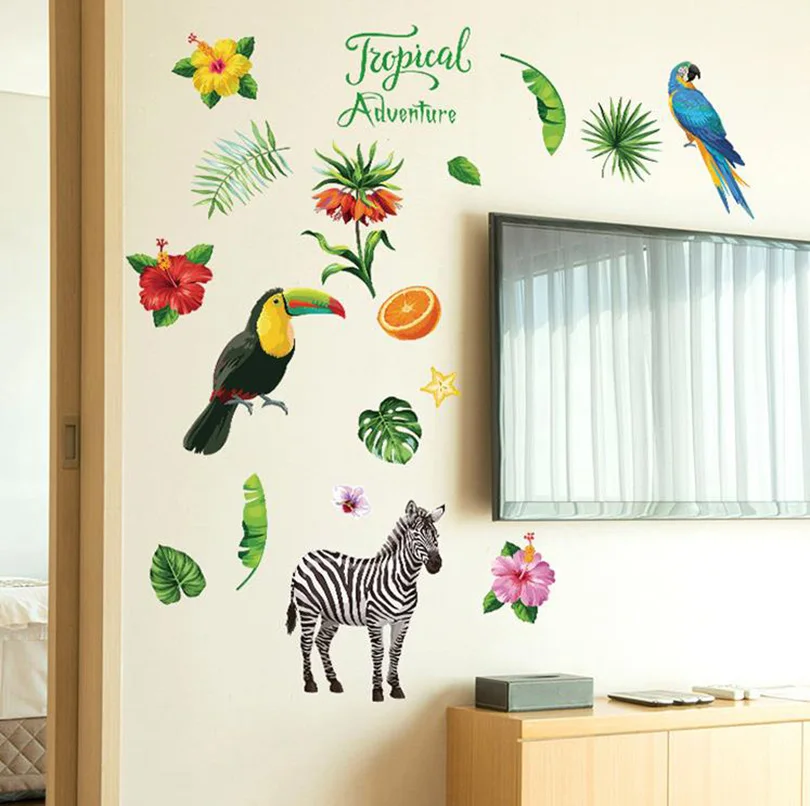 

Home decoration wall Stickers Tropical jungle flowers and birds series wall stickers for kids rooms DIY wall decor