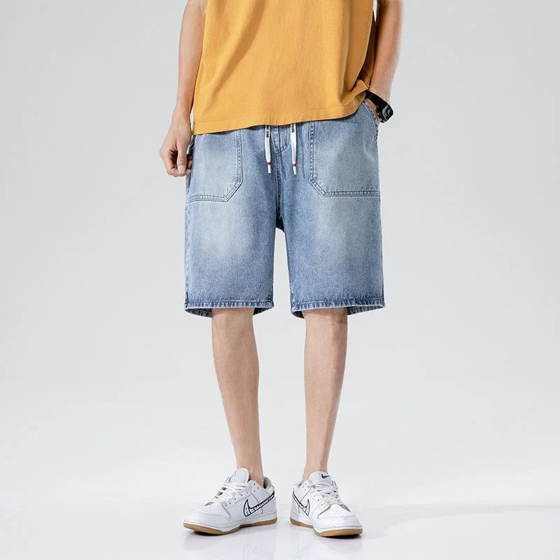 

Light-colored Denim Shorts Mens Fashion Loose Straight Net Red Five-point Pants Lace-up Mens Denim Shorts -40