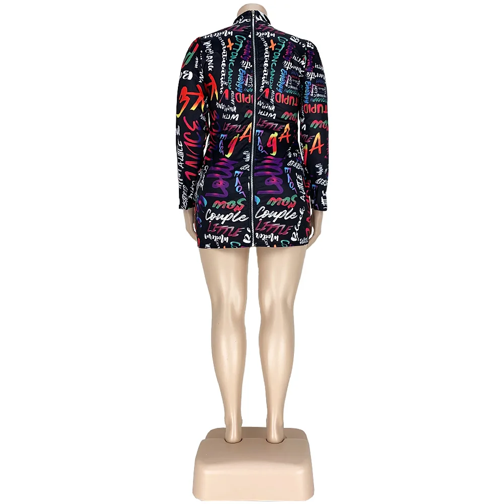 

Gradient Letter Print Elegant Plus Size Dress Women Turtleneck Long Puff Sleeve Bandage Dresses Autumn Back Zipper Party Vestido