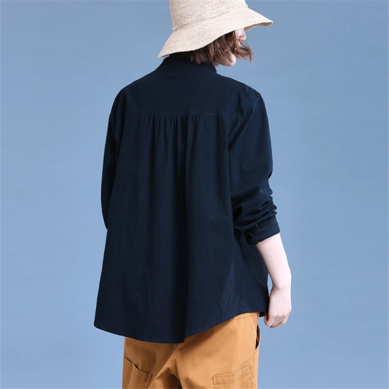 

2021 Spring Fashion New Style Literary Cotton And Linen Plus Size Loose Stand-Up Collar Long-Sleeved Shirt Women's Top Trendy