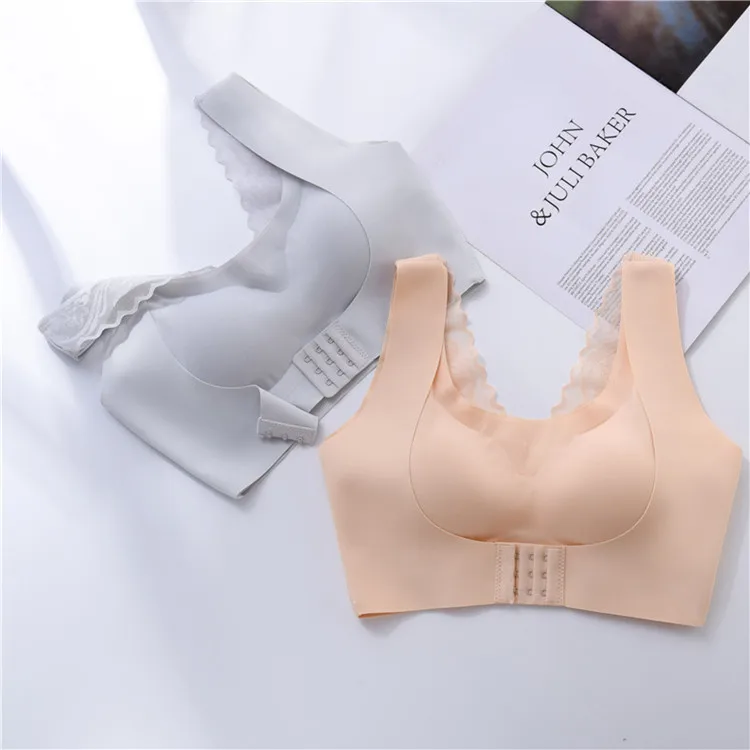 

2021 New Seamless Bra For Women Solid Nude Lace Bras Summer Thin Wireless One Piece Underwear Front Closure Floral Push Up 4XL