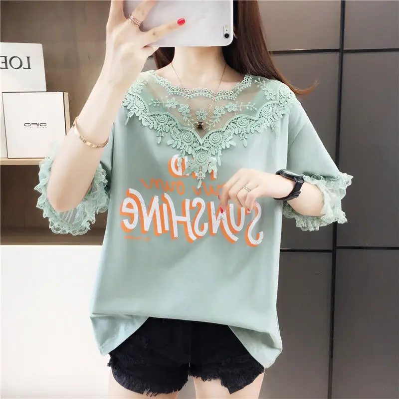 

Cotton T-shirt women's short sleeve letter printing lace stitching hollow T-shirt loose slim jacket