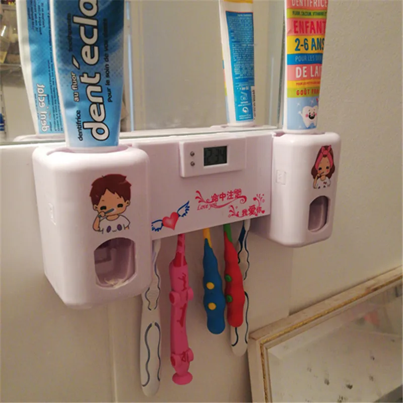 

Home Multifunctional Useful Automatic Toothpaste Dispenser and 5 Toothbrush Holder Wall Mount Kits with Digital Display Clock