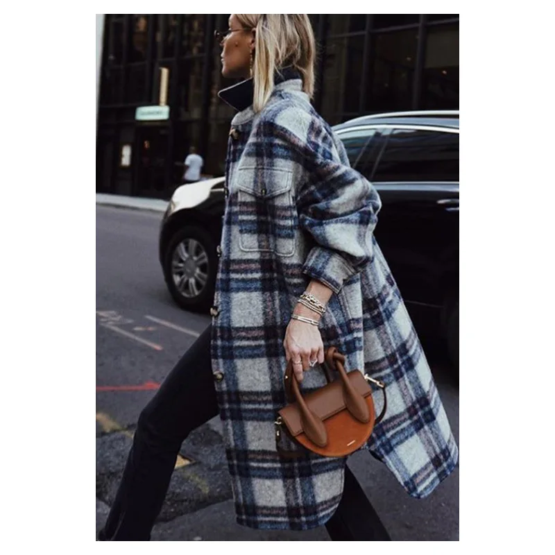 

Autumn Winter Clothing Women's Fashion Sanded Woolen Plaid Long Coat Blends Trench Jacket Women Gray Flccking Streetwear Parkas