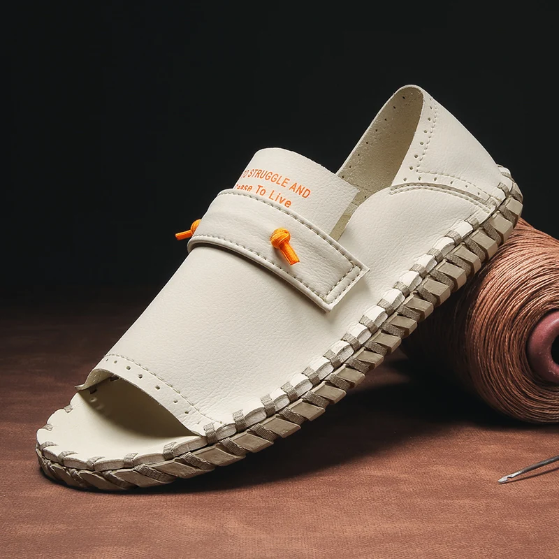 

2021 Summer Microfiber Leather Out Door Shoes Woman Open-Toed Sandal Handmade Neutral Soft Walking Beach Sandal Slides