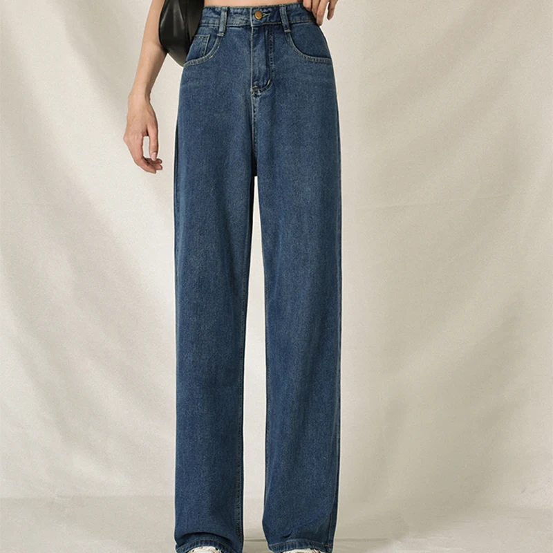Джинсовые брюки женские с завышенной талией тонкие свободные прямые штаны из