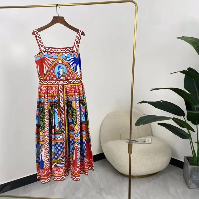 

Женское Хлопковое платье-трапеция, платье до середины икры без рукавов с квадратным вырезом и мультяшным принтом, лето 2021