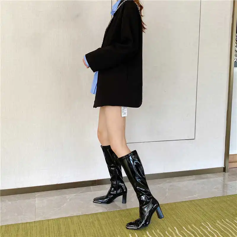 

Net red patent leather high boots women's autumn and winter 2020 thick high heel Knight boots women's long boots Fashion Square