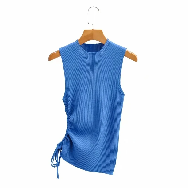 

Solid Shirring Knit Vests Women Sleeveless O Neck Lace Up Slim Sweater Tank Tops Summer Sexy Streetwear 2021 Pullovers
