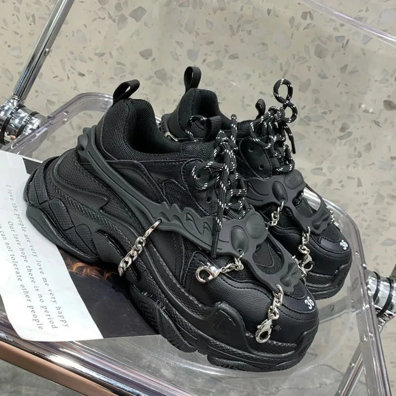 

2021 Autumn Women's Vulcanized Shoes Lace Up Platform Comfortable Women Chunky Sneakers Fashion Leather Metal Chain Dad Shoes