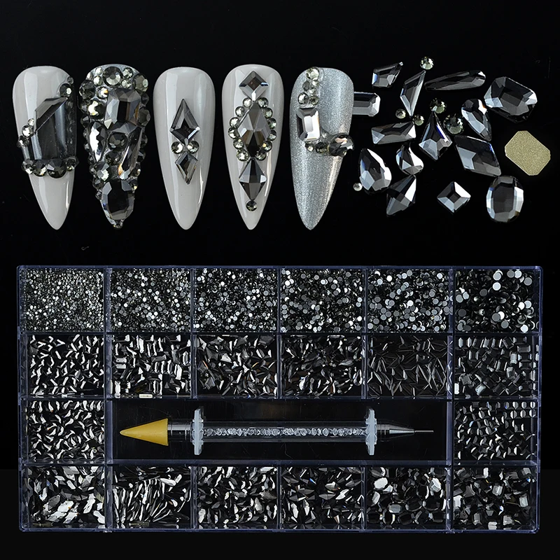 

9300Pcs/Box Mixed AB Glass Crystal Diamond In Grids 20 Shape SS3-SS16 Flatback Nail Art Rhinestone Set With 1 Pick Up Pen