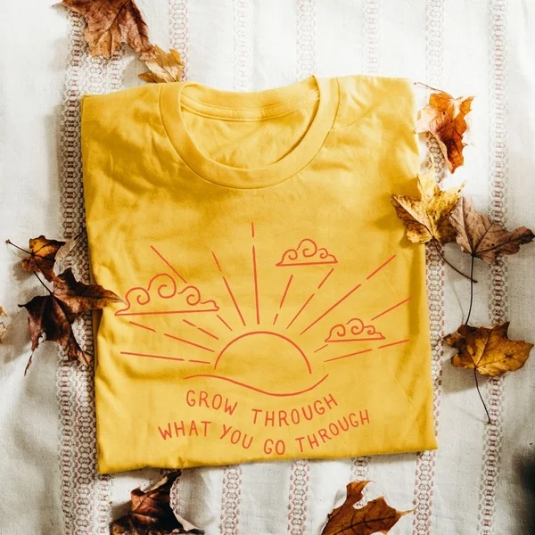 

Футболка с надписью Grow Through What You Go Through, футболка с забавным принтом Sun Rise, футболка из чистого хлопка с графическим принтом для молодых, хипст...