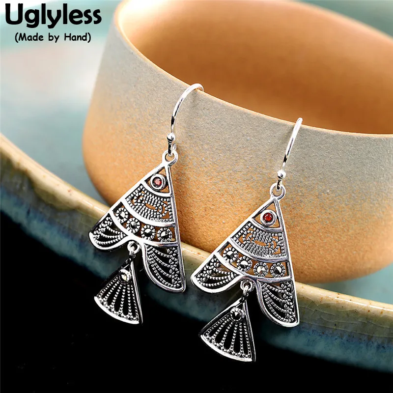 

Uglyless Filigreed Handmade Fishes Earrings for Women Hollow Triangle Fish Animals Earrings 925 Thai Silver Brincos Lovely Gifts