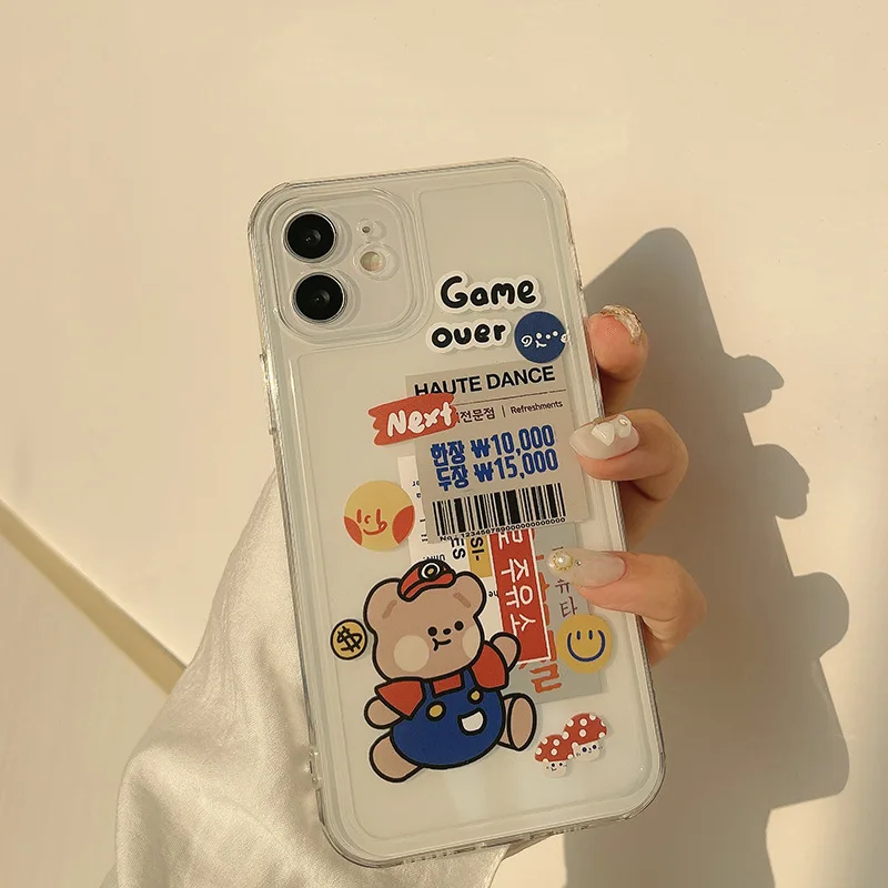 

Модный прозрачный корейский чехол для телефона с милыми надписями и медведем для iPhone 12 11 Pro Max X Xs Max Xr 7 8 Puls мультяшный Мягкий силиконовый чехо...