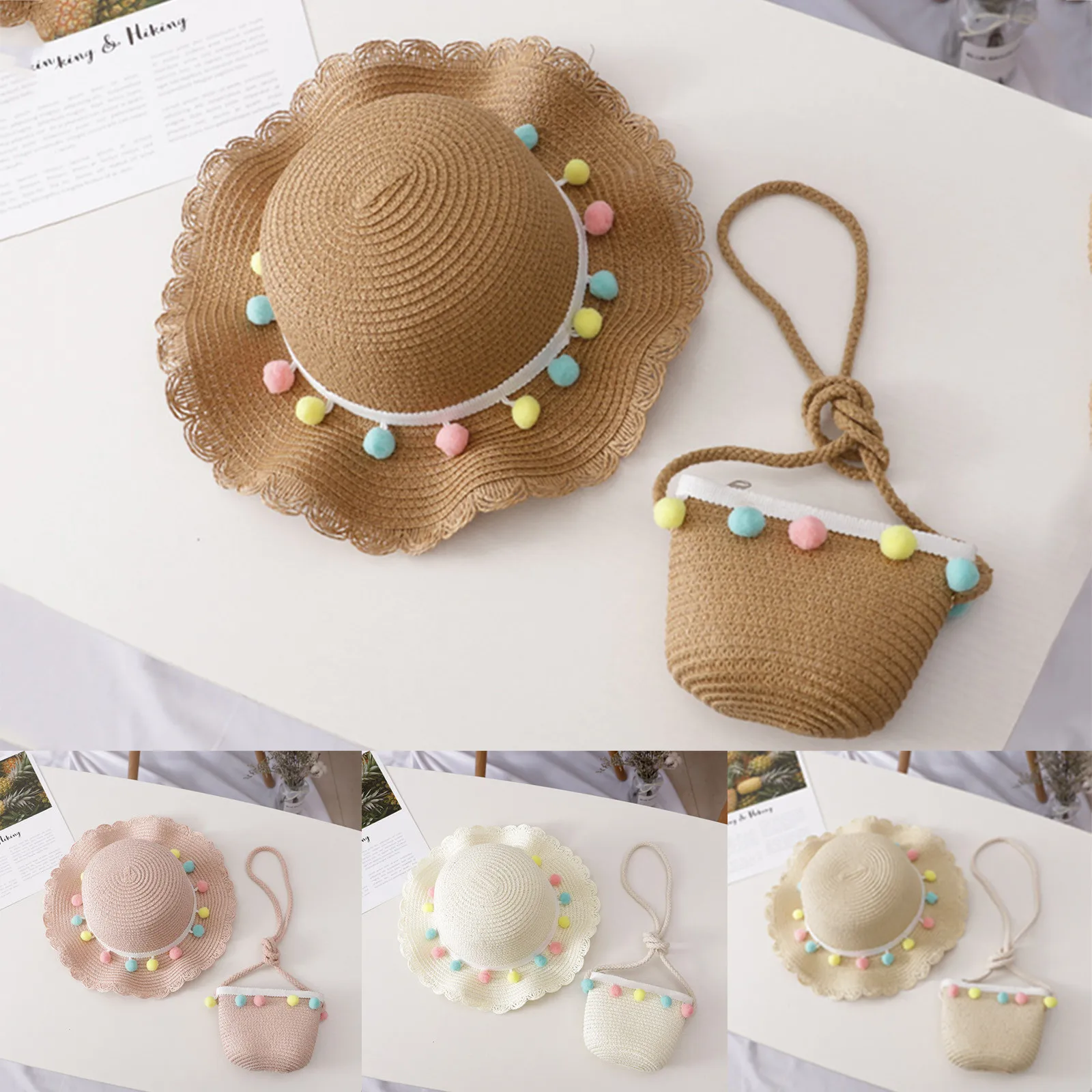 Детская панама с маленьким шариком для лета и защиты от солнца 2021 Fashion Kids Hat Children Girl Summer Sunscreen Sunshade With small ball Straw Beach Sun & Bag.