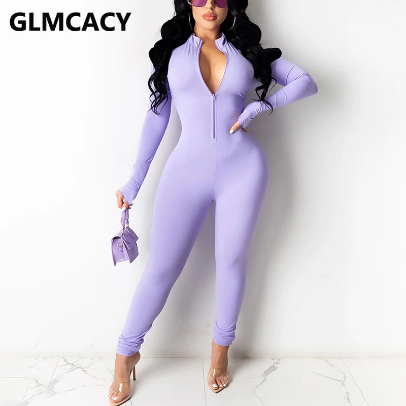 

Women Long Sleeve Casual Solid Zipper Front Slim Jumpsuit