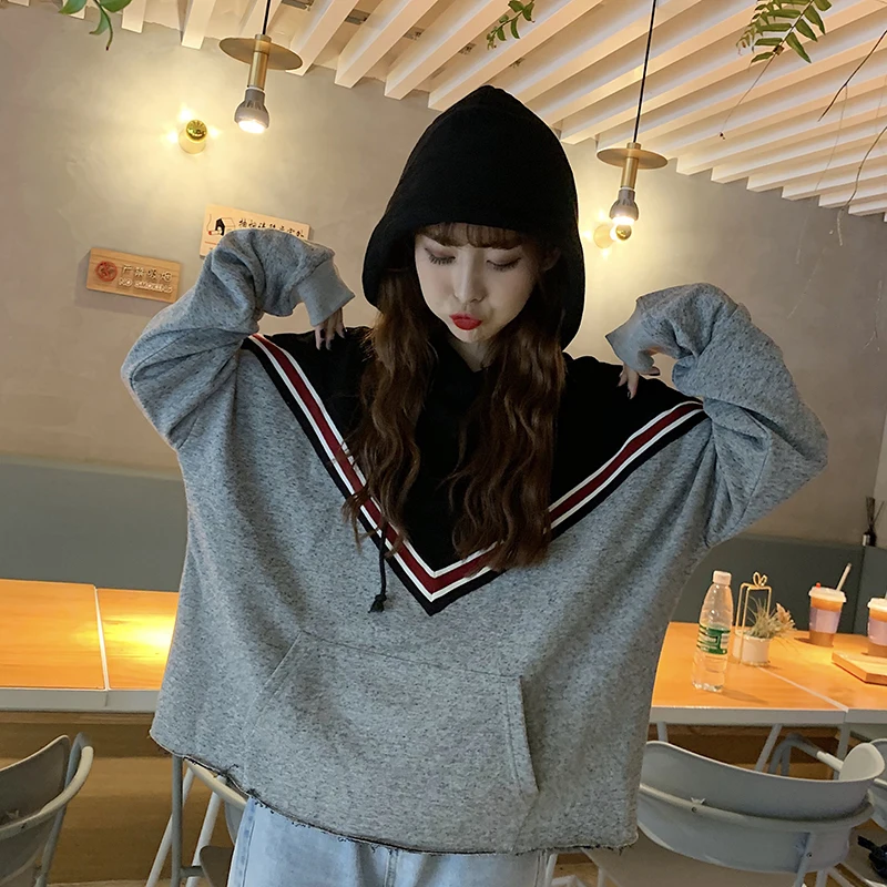 

Trend temperament Women's Clothing Spring and autumn tops casual hooded patchwork full loose Korean style Hoodies vetement femme