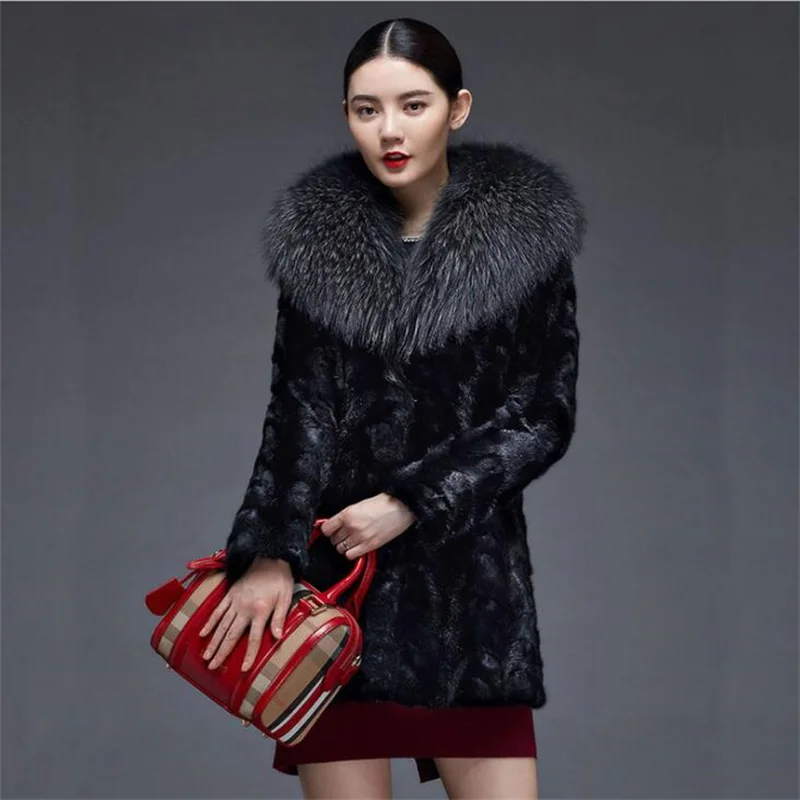 Imitation fur coat womens mink fur coat mid-length clothes raccoon fur collar autumn winter new style chaqueta mujer invierno