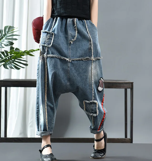 Spring Denim Jeans Women Retro Print Patchwork Sanding Wide Loose Washed Female Full-Length Cross-pants Vintage Tide Fahsion |