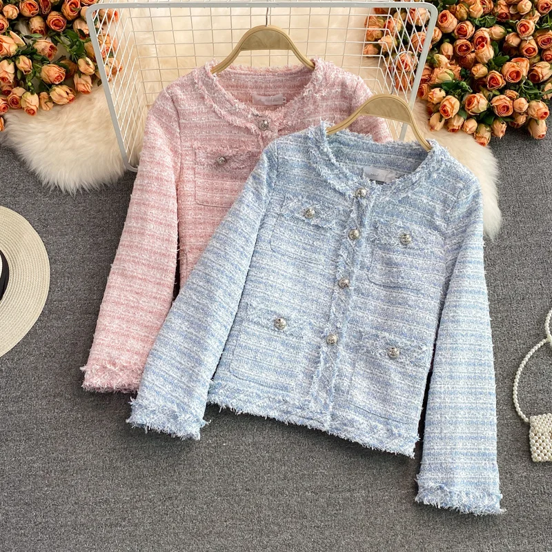 

Куртка женская твидовая короткая на пуговицах, элегантный модный пиджак в Корейском стиле, винтажная верхняя одежда, укороченный топ, Осень...