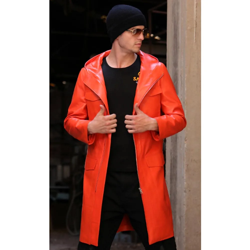 Sheepskin Orange Модная ярко-желтая Длинная кожаная куртка для мужчин весна осень натуральная кожа одежда с капюшоном Овчина кожаная куртка - Цвет: Sheepskin Orange