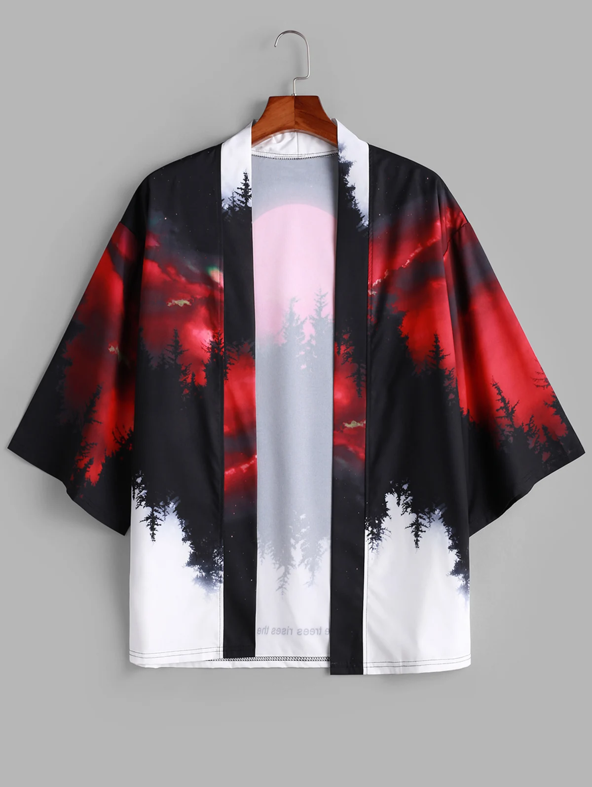 ZAFUL Rising Moon Through Tree Forest Print Casual Kimono Cardigan For Men Three Quarter Collarless Open Front Shirt | Мужская одежда