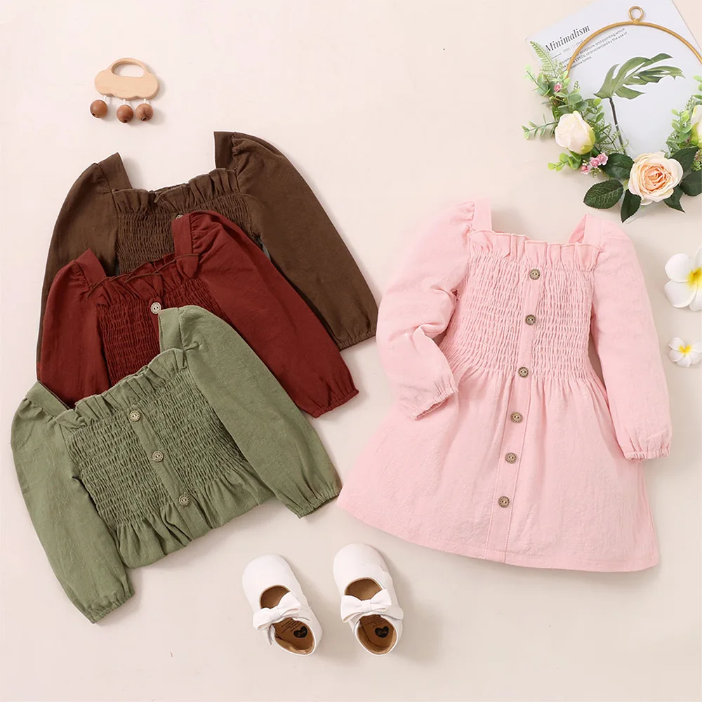 

Baby Girls Dress Fit & Flare Pleated Cotton Solid Spring/Autumn Long Sleeve Girls Casual Knee Length Pullover Square Neck Dress