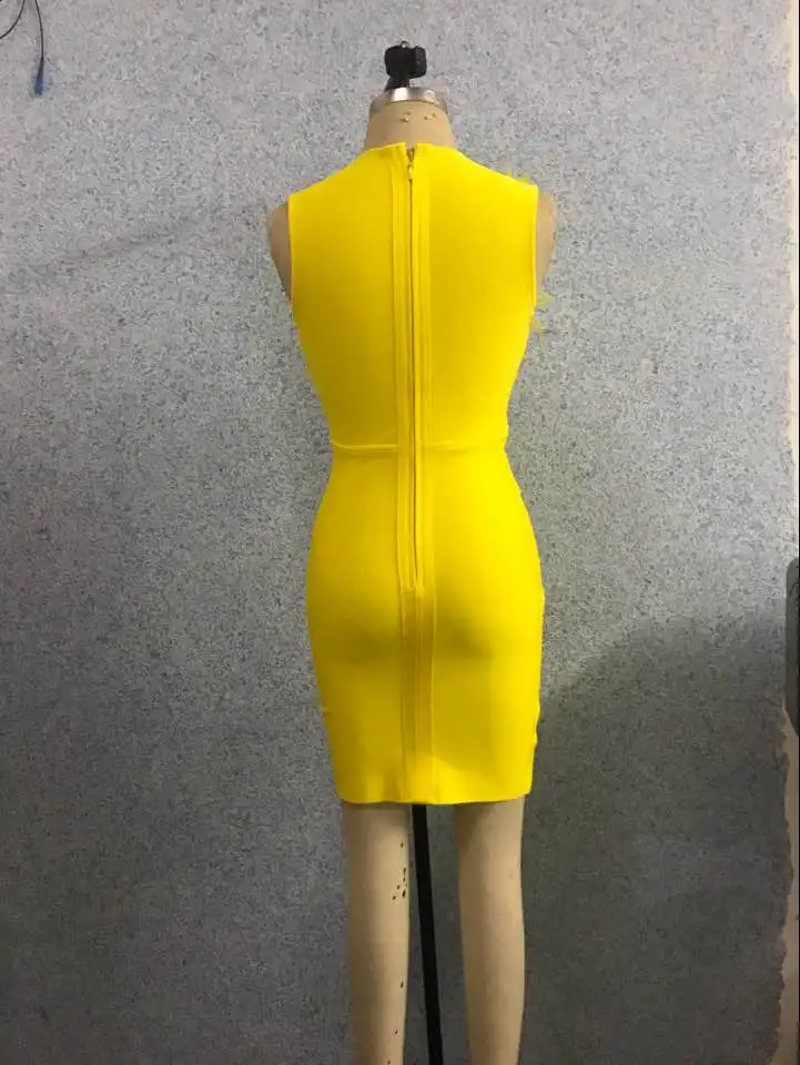 

High Quality White Yellow V-neck Rayon Bandage Dress Club Party Sexy Elegant Dress