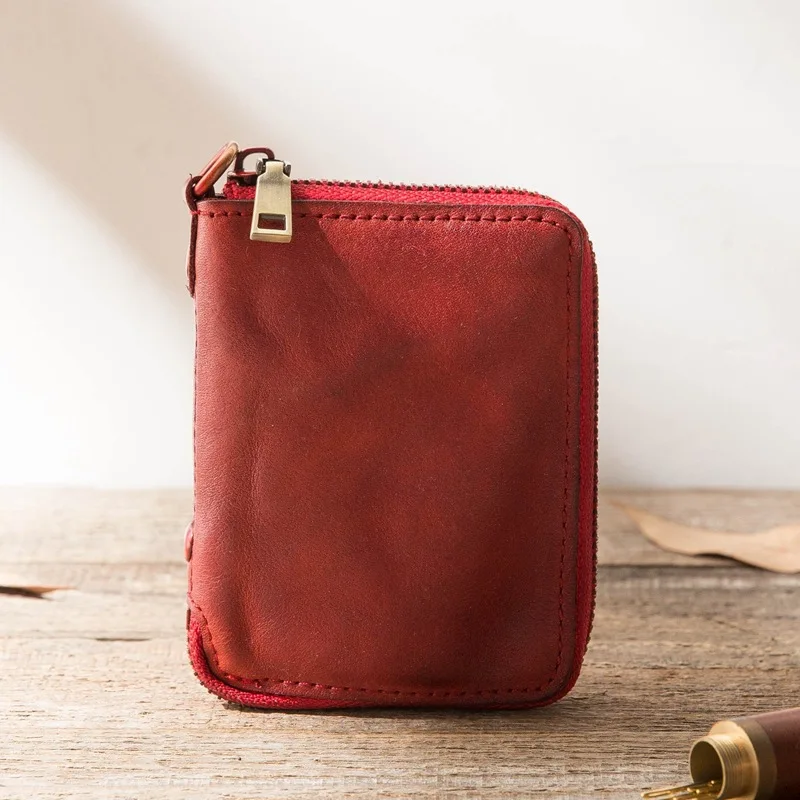 Reddish brown Натуральная кожа сделанная старый короткий кошелек ретро воловья кожа на молнии кошелек модный молодой мужской и женский складной кошелек портмоне - Цвет: Reddish brown