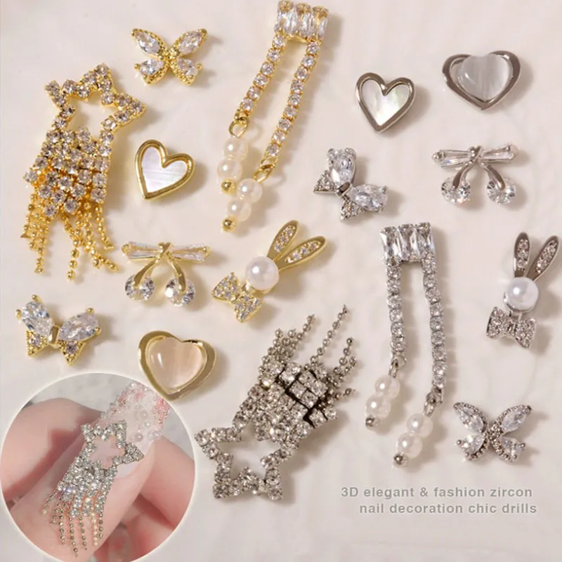 

3pieces 3D Metal Zircon Nail Art Jewelry Natural Shell Love Bowknot Pearl Star Tassel Pendant Decorations Top Crystal Manicure