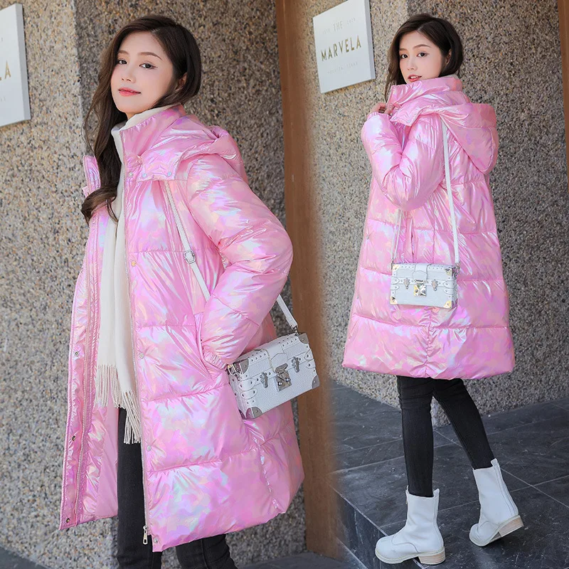 

2021 Winter Laser Long With Hood Women Jacket Parka Warm Zipper Button ropa de invierno mujer harajuku Plus Size Coat