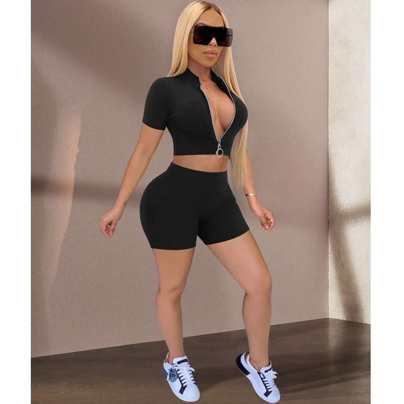 

Mandylandy Summer Short Sleeve Stand Collar Zipper Coat + High Waist Straight Shorts Suit Women's Sexy Solid Color Slim Suit