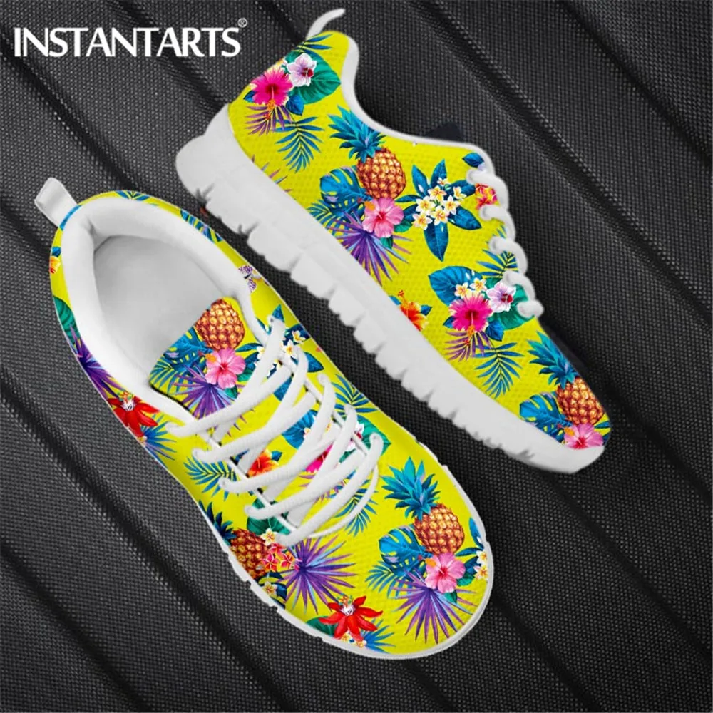 

INSTANTARTS Lime Hawaiian Pineapple Pattern Print Casual Woman Shoes Breathable Mesh Flat Sneakers for Ladies Lace Up Footwear