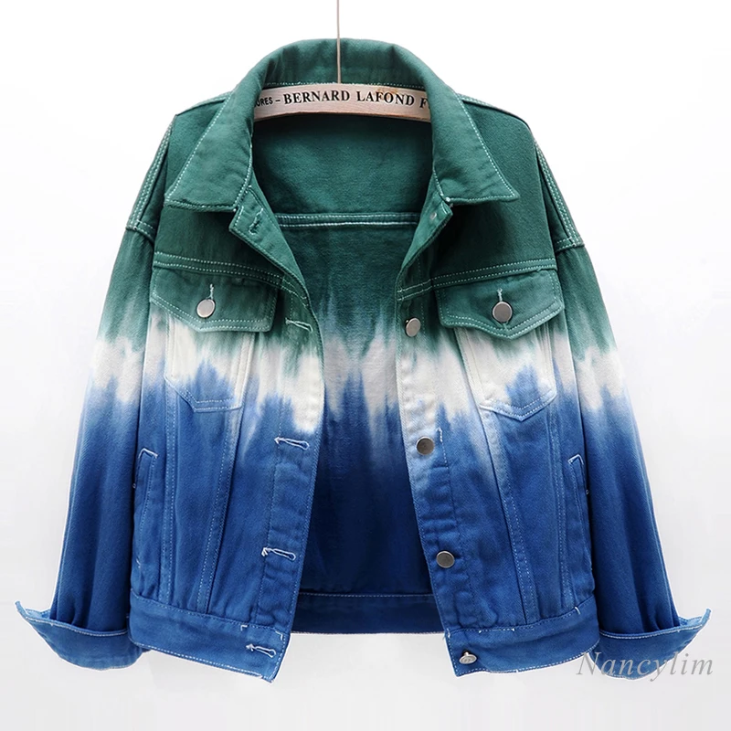 

2021 Spring Gradient Print Jeans Coat Women's Long Sleeved Denim Jacket Short Loose Korean Style Boyfriend Outwears