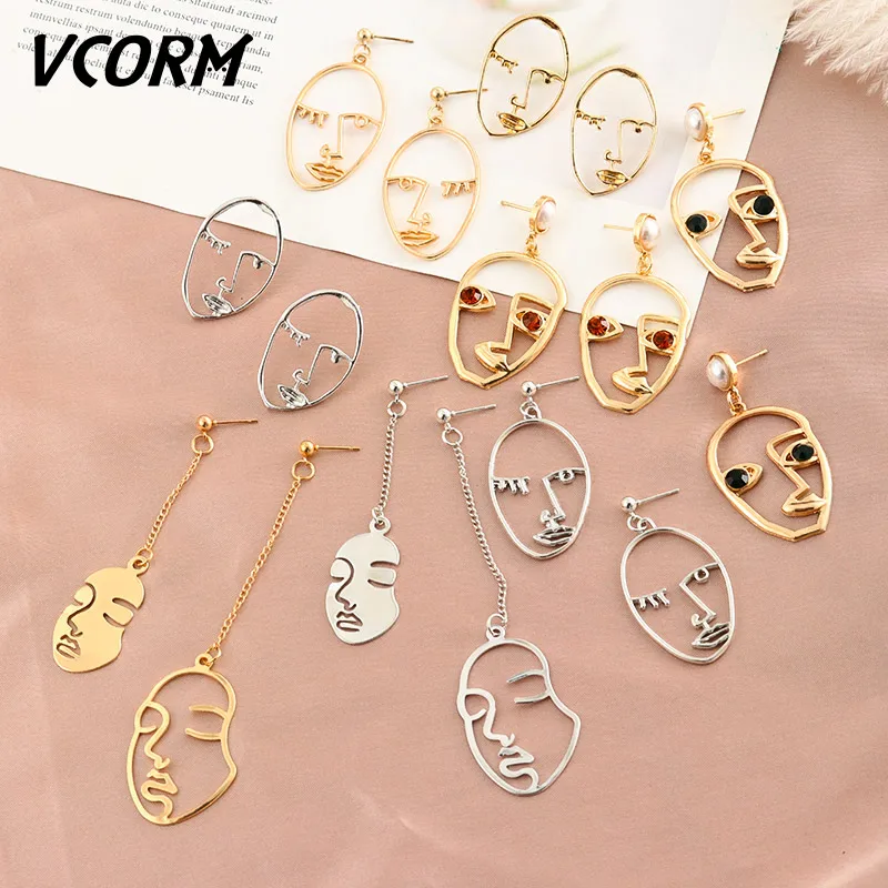 VCORM New Vintage Gold Long Drop Earrings for Women 2021 Statement Abstract Hollow Fashion Metal Face Dangle Jewelry... | Украшения и