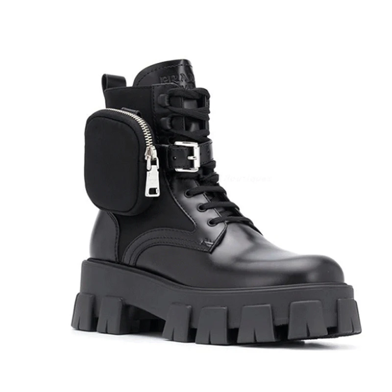 Женские мотоциклетные ботинки со шнуровкой Черные ботильоны на платформе с