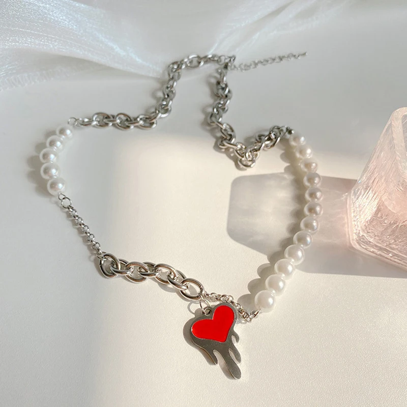 

Korean Style Fashion Lava Red Love Heart Pendant Necklace For Women Personality Temperament Pearl Sweater Chain Sweater Chain