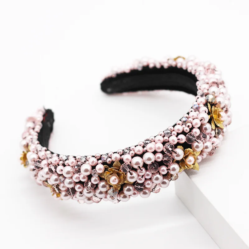 

Fashion Baroque Headbands Full Pearls Flower Beads Hair Accessories Padded Headband for Women Thick Hairbands