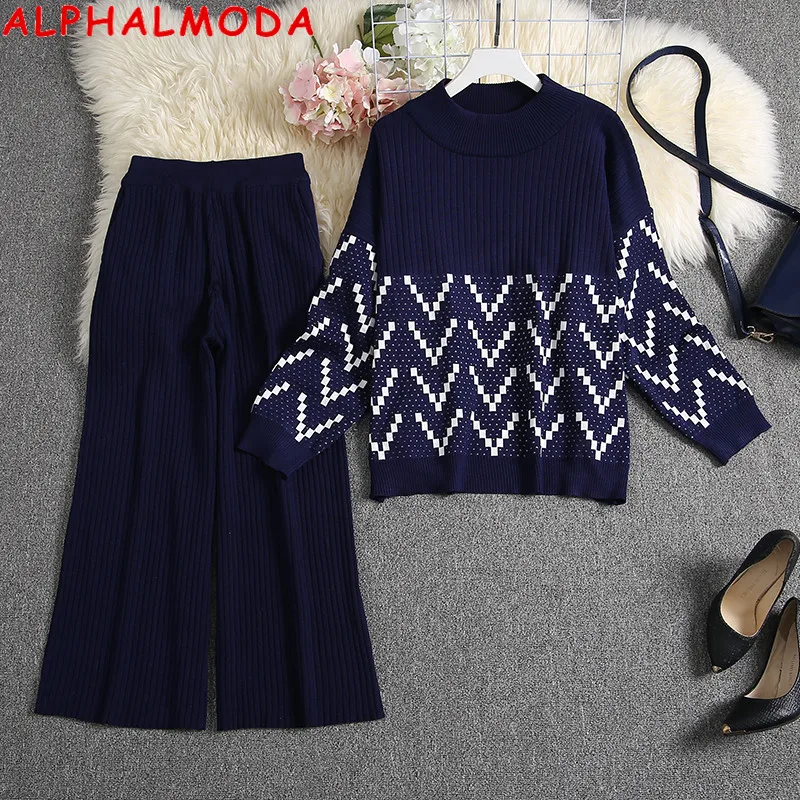 Женский вязаный свитер ALPHALMODA Свободный пуловер с круглым вырезом + широкие брюки