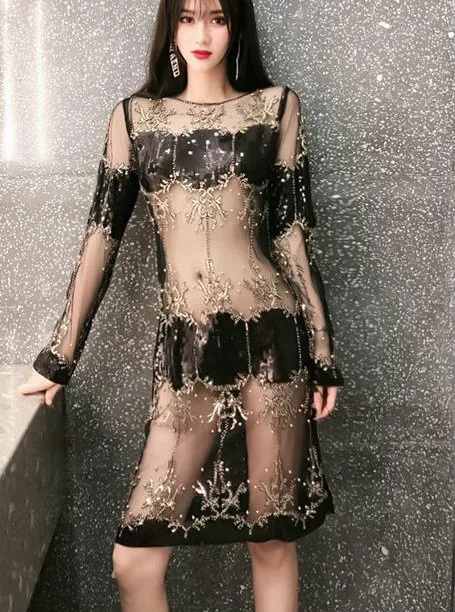 Sexy Women's Hollow Out Party Dress Femme Sexy Sequins Dresses Lady Sexy Transparent Mesh Dress