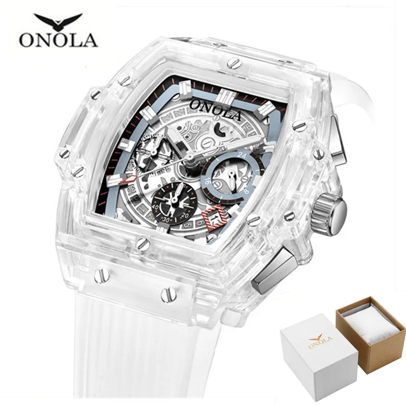 White add box ONOLA Брендовые мужские модные часы прозрачные силиконовые спортивные кварцевые часы 2019New мужские повседневные часы - Цвет: White add box
