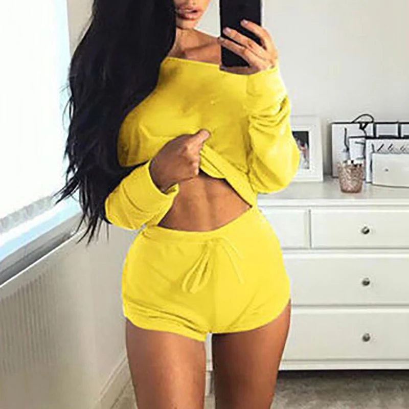 

Hot Sale Fashion Women Single Shoulder Loose Drawstring Sweatshirt Shorts Solid Color Casual Long Sleeve Sweatshirt Set