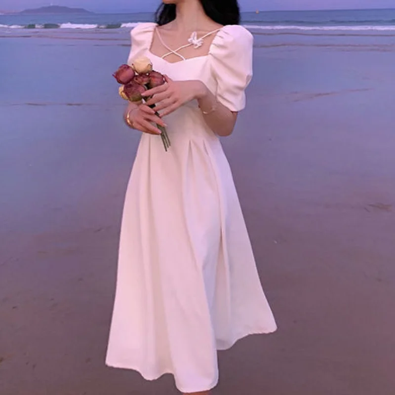 

HOUZHOU White Dress Women Sexy Elegant Vintage Fairy Puff Sleeve Long Dresses Summer Beach Style Party Outfits 2021 Fashion