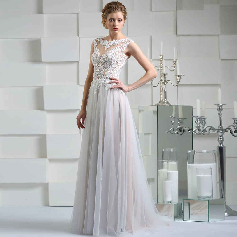 

Vestidos Charming Wedding Dresses Organza Illusion Appliques Bateau Sleeveless Covered Button A-Line Bridal Gowns Novia Do